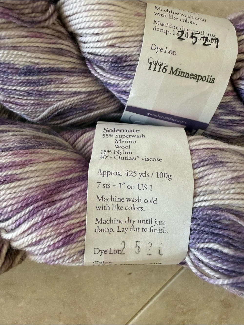 Lorna's Laces Hand-Dyed Yarn — Purple and Cream Speckled Skeins - Minneapolis